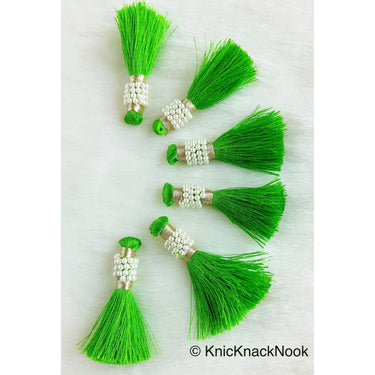 Various Colours Tassels With White Pearls Beads, Tassel Charms, Nylon Tassels x 6